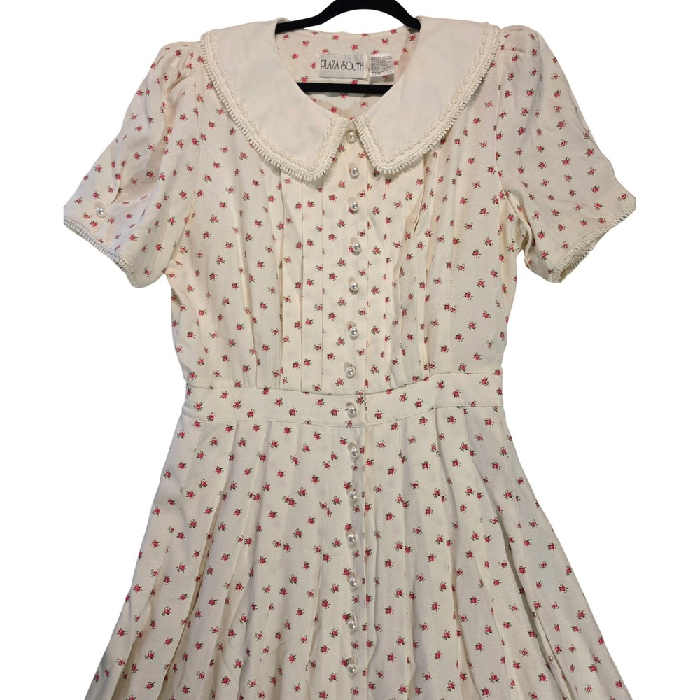 Vtg Plaza South Floral Dress Cream Pink Rose Peter Pan Collar Sz 16 Cottagecore